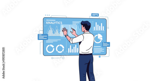 Vector illustration of man interacting with analytics dashboard
