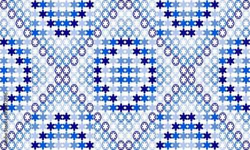 Blue bg, vintage blue star white color block arrange in diamond patchwork repeat seamless style design for fabric print or t-shirt paint or backdrop wall, Tribal seamless geometric pattern