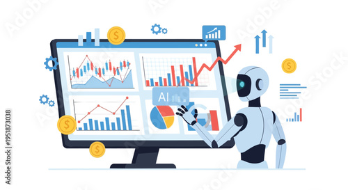Vector robot analyzing data on computer screen with graphs and charts