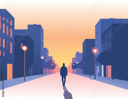 Woman walking at night in city streets cartoon illustration