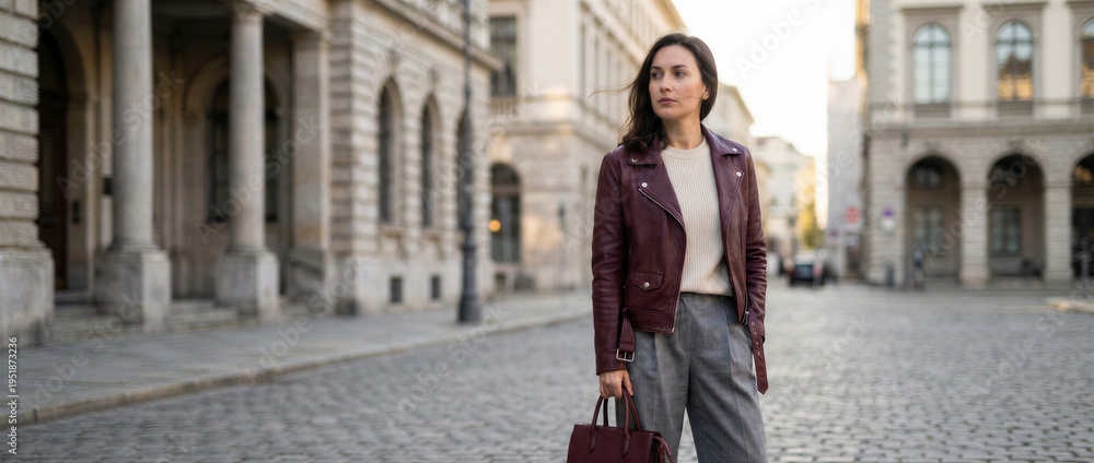 Fototapeta premium Stylish woman in a burgundy leather jacket walking through a historic european city street with a handbag