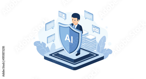 Vector illustration of man protecting AI shield on tablet