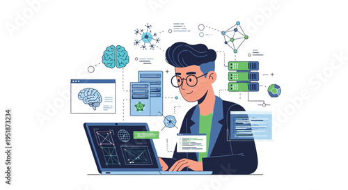 Vector illustration of man working on laptop with data visualization elements