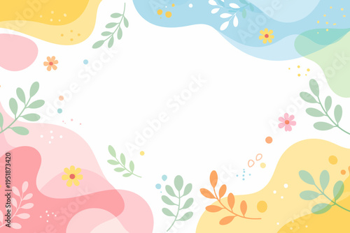 Colorful abstract floral background with pastel wave patterns and leaves