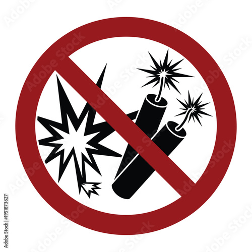 Prohibition sign with explosive dynamite and firework spark icon isolated on transparent background for safety design