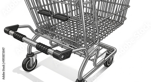 A detailed illustration of a shopping cart with four wheels