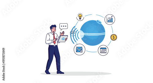 Vector illustration of businessman with digital communication icons