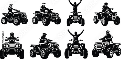 Black and White ATV Silhouette Vector Illustrations Featuring Off Road Quad Bike Riders in Various Action Poses Isolated on Plain White Background