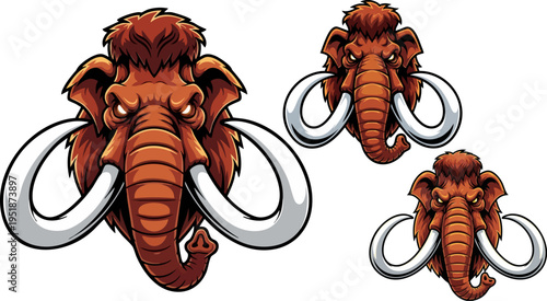 Furious Woolly Mammoth Head Vector Illustration Set with Large Tusks and Brown Fur for Mascot, Logo, or Wildlife Design
