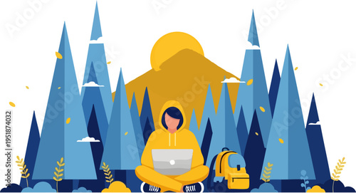 Flat vector illustration of a person in a yellow hoodie working on a laptop outdoors, surrounded by blue stylized trees and a yellow mountain under a sunset