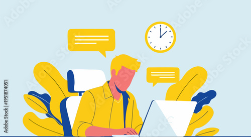Productive Young Man Working on Laptop at Desk with Speech Bubbles and Clock, Flat Style Vector Illustration for Business and Communication