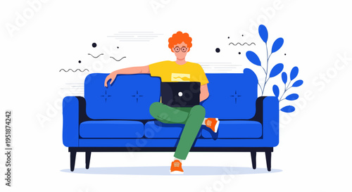 Modern vector illustration of a young man with red hair and glasses working on a laptop while sitting comfortably on a blue sofa, ideal for remote work and freelance concepts.