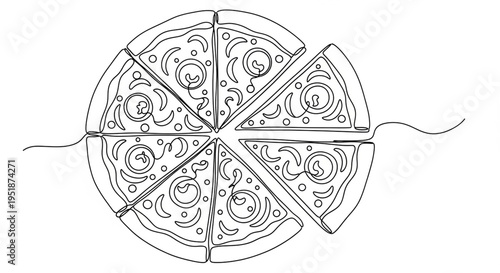 A minimalist line art illustration of a sliced pizza pie