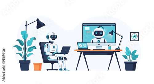 Vector illustration of robot working on computer at desk