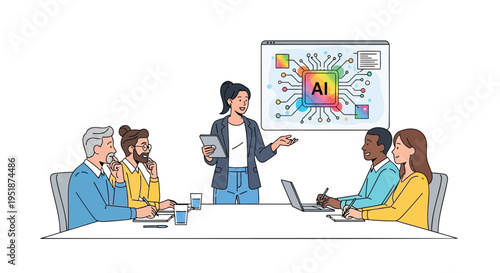 Vector illustration of business team meeting with AI presentation