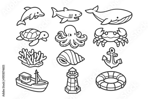 Black and white ocean cartoon icons including marine animals and nautical elements.