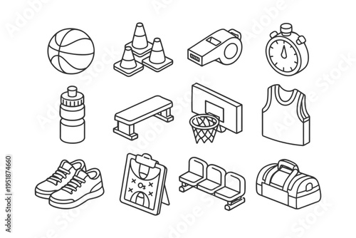 Line art of basketball equipment and accessories in black and white.