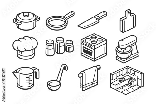 Outline icons of kitchen tools and appliances for culinary inspiration.
