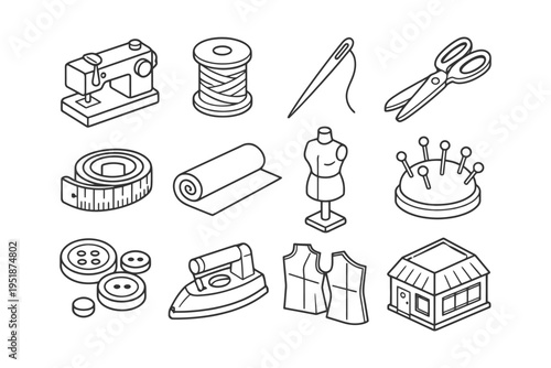 Sewing tools illustration with sewing machine needles scissors and buttons.