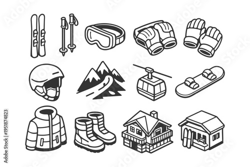 Winter sports gear icons: ski, snowboard, goggles, gloves, helmet, mountains, gondola, jacket, boots, lodge.