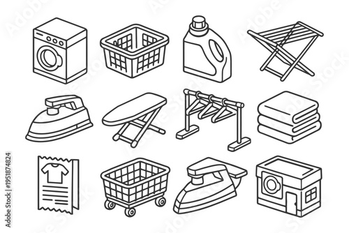 Laundry and ironing line icons: washer, basket, detergent, dryer, iron, board, hangers.
