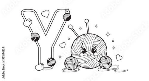 Cute cartoon ball of yarn character sitting next to the capital letter Y decorated with hearts for an educational coloring page.