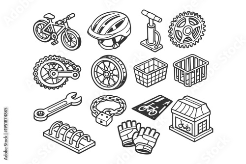 Bicycle gear and accessories illustration with helmet, pump, tools, and more.