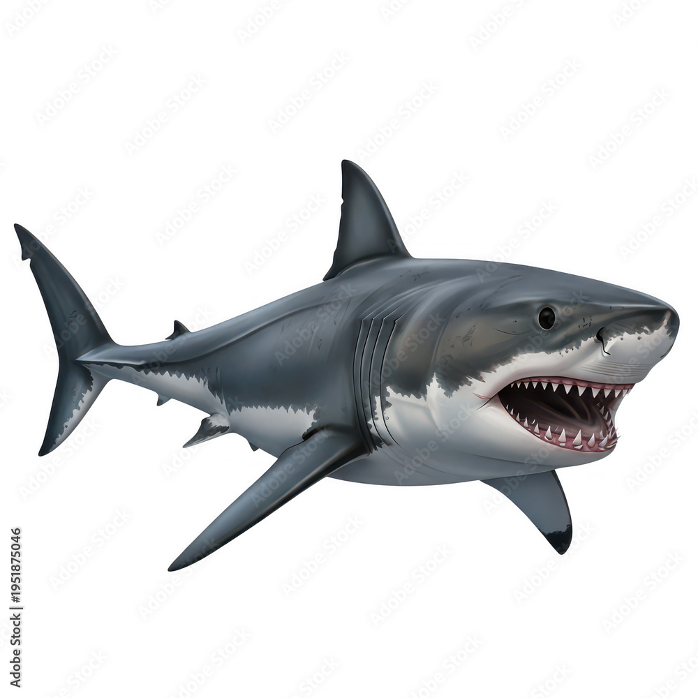 Fototapeta premium A close-up view of a great white shark swimming in the ocean with its mouth open