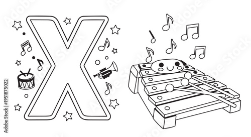 The letter X coloring page illustrates musical instruments including a xylophone, drum, and trumpet alongside floating musical notes and decorative stars for young students.