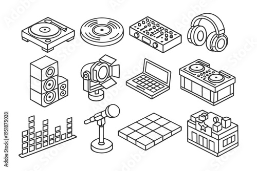 Isometric dj equipment collection: turntable, laptop, headphones, speaker.