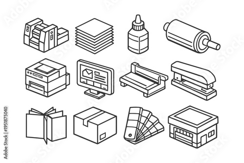 Black and white line art of office and printing supplies.