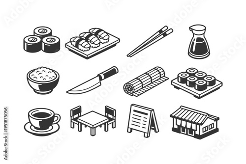 Sushi icons: rolls, chopsticks, rice bowl, knife, teapot, dining setup, menu, asian shop.