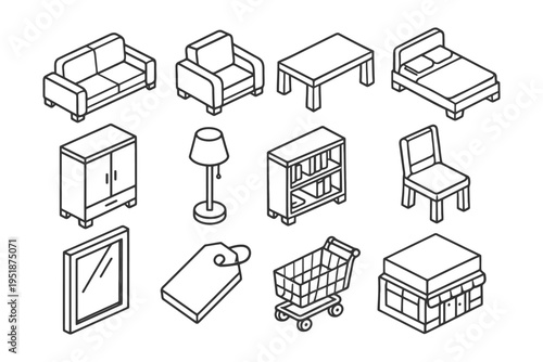 Isometric furniture icons set featuring sofa, chair, table, bed, and more.