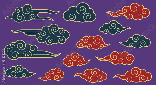 Eastern Style Clouds Traditional Asian Design Elements Red and Blue Colors