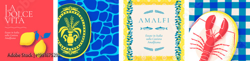 Amalfi summer square banner. Mediterranean pattern with lobster, lemons and fish. Blue tile design, greek borders and vintage print. Italian translation Sweet life, Summer in Italy on Amalfi Coast
