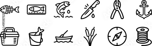 Essential Fishing and Angling Bold Line Vector Icon Pack Featuring Marine Equipment Boating Gear Tackle Catch Measurement and Seafood Preparation Tools