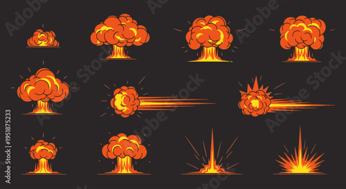 Explosion Set Collection Cartoon Style on Dark Background