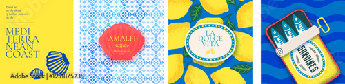 Amalfi summer banner set. Mediterranean pattern with sardines, lemons and tiles. Yellow citrus, vintage labels and blue borders design. Italian translation Sweet life, Summer in Italy on Amalfi Coast