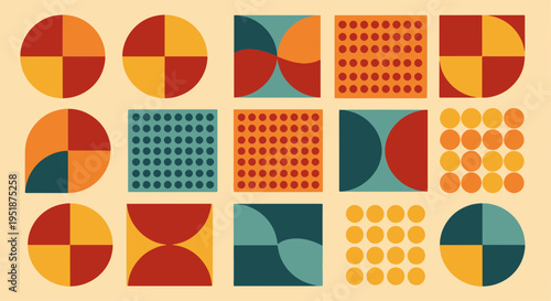 Geometric Abstract Pattern with Circles Squares and Curves in Warm Colors