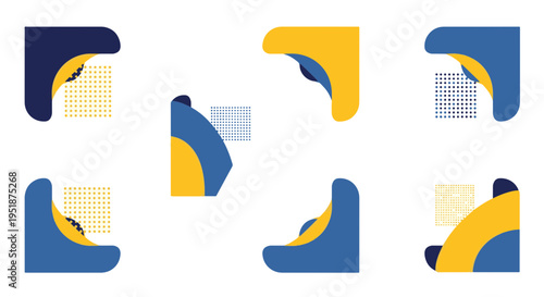 Geometric Abstract Shapes Blue Yellow Rounded Corners Grid Pattern