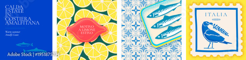 Amalfi summer banner set. Mediterranean pattern with sardines, seagull and lemons. Italian beach vibes, blue retro tiles coastal ornament. Italian text Hot summer on Amalfi Coast, Summer lemon motif.