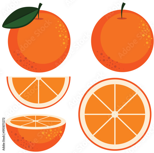 Orange fruit. Full and sliced orange in a flat vector style on a white background