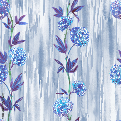 Seamless pattern of viburnum flowers and leaves in purple and blue tones on a striped textured background, a pattern for fabric and other designs.