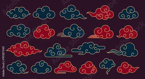 Traditional Chinese Clouds Vector Art Blue Red Swirls Pattern