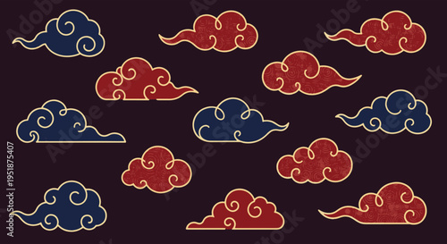 Traditional Japanese Clouds Red Blue Gold Outline Dark Background Pattern