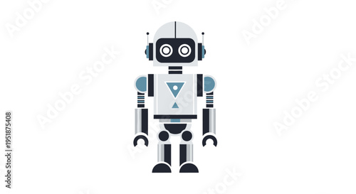 Modern white and blue cartoon robot character standing isolated on a plain background, symbolizing artificial intelligence and future technology.