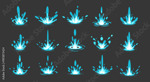 Water Splash Animation Elements with Blue Liquid on Dark Gray Background