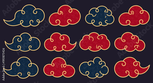 Traditional Japanese Clouds Pattern Red Blue Gold Outline
