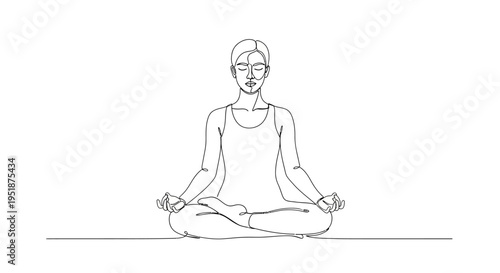 Serene woman meditating in lotus position, line art illustration for peace, mindfulness, and wellness practice.