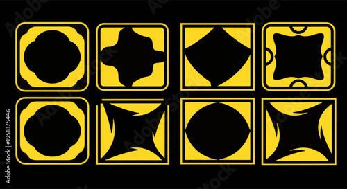 Yellow Abstract Shapes in Black Squares and Rounded Squares on Black
